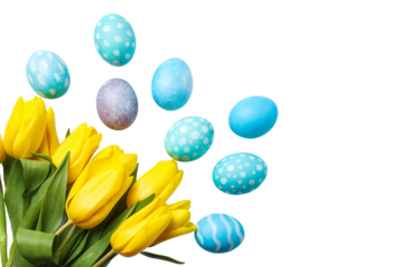 PNG, Easter, set of Easter eggs with a bouquet of tulips, isolated on a white background