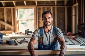 Fototapeta premium Portrait of a Hispanic construction worker on building