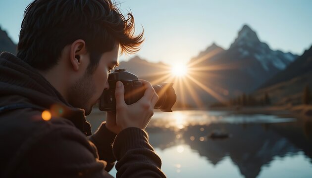 A Photographer Capturing a Perfect Shot (Camera, Lens Flare, Mountain, Reflection, Shutter Icon) – A photographer adjusting their camera, a dramatic lens flare effect, a breathtaking mountain