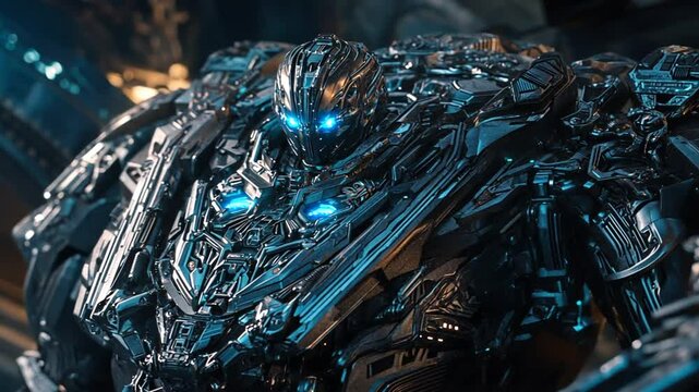 A detailed close-up of a menacing, black robotic figure with glowing blue eyes.