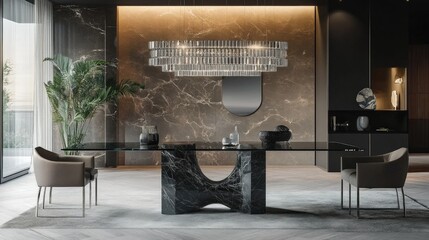 Chic dining room with a sleek glass table, modern chairs, and an oversized chandelier for a sophisticated look