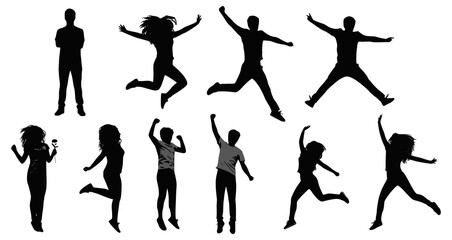 Silhouettes of young people jumping in fashionable clothes. Vector silhouettes man and women, illustration. JPEG version.