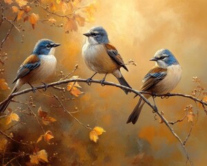 Obraz premium Autumnal birds perched on branch, golden light, foliage background