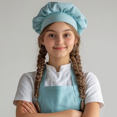 Young Girl Chef: Talented, Smiling Braided Junior Chef in Colorful Apron Embracing Culinary Creativity in Professional Cooking Class