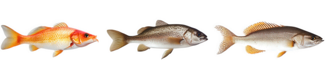 Fototapeta premium three types of fish lined up against a white background. showcasing their distinct colors and shapes the first fish is orange. the second is a darker shade. and the third has a lighter hue with a more