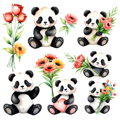 Obraz premium Cute Panda Bears Holding Flowers Watercolor Illustration on Black Background