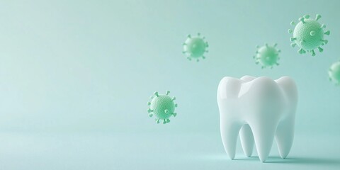 White Tooth and Viruses on Light Blue Background