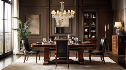 Classic elegant dining room with a large mahogany table, antique dining chairs, and a statement chandelier overhead