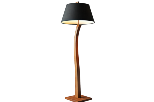 stylish floor lamp with a curved wooden base and a black fabric shade. designed to provide ambient lighting for home or office spaces its modern aesthetic complements various interior styles. enhancin
