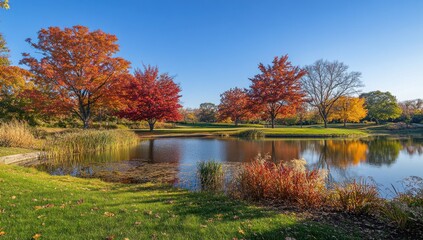 Fototapeta premium Autumnal park scene with a serene pond reflecting colorful trees. Lush fall foliage, vibrant reds, oranges, and yellows, surrounds a calm body of water, with green grass and reeds. 
