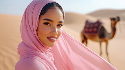 Afro woman wearing muslim apparel hijab smiling travelling in the desert with camel
