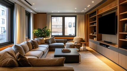Comfortable living room with a cozy sectional, a side chair, and a TV unit, creating a welcoming and functional space