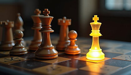Wooden chess pieces with yellow queen standing out for strategic marketing materials and brand differentiation