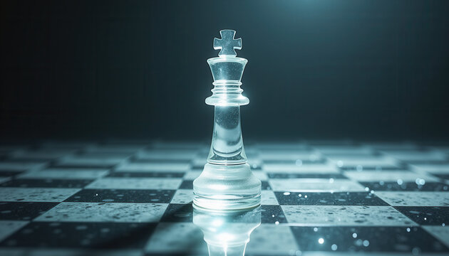 Dramatic glass chess king on reflective board for corporate websites and leadership seminars