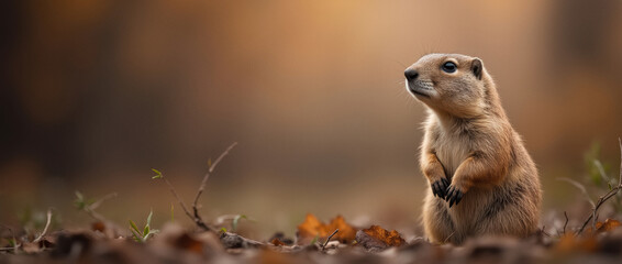 Obraz premium Groundhog Stands Alert in a Golden Autumn Landscape