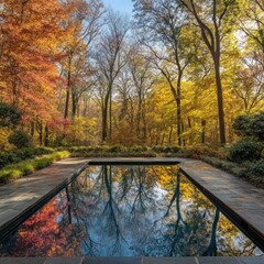 Autumnal reflection pool in a landscaped garden.