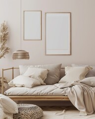 Minimalist living room interior with a wooden sofa. beige throw pillows. and a rattan pendant light