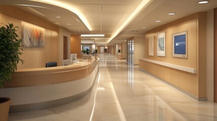 Modern Hospital Reception and Corridor Design Curved Reception Desk, Beige Marble Floor, Artwork, 3D Render, Hospital Interior Design, Hospital Architecture Hospital Interior, 3D