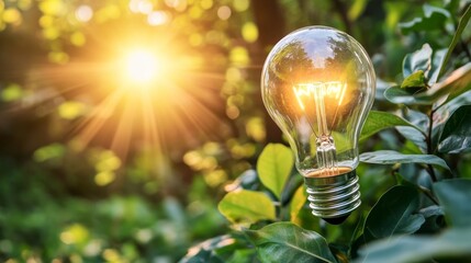 Glowing Lightbulb in Lush Greenery A Concept of Sustainable Energy, Bokeh Background, Close-up Composition Sustainable energy, Green energy