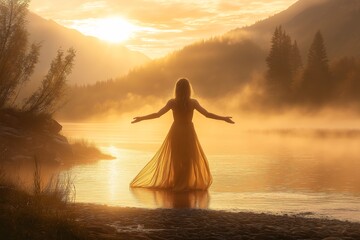 Serenity at Sunset: Woman in Flowing Dress Poses Along Misty River's Reflective Waters