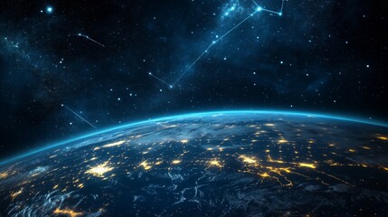 Obraz premium Earth's Night Lights and Celestial Constellation, Digital Painting, Space, Night Sky, Planet Earth Space, Astronomy