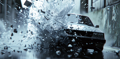 Dramatic and cinematic car crash explosion scene with shattered glass scattered debris and a sense of intense motion and chaos