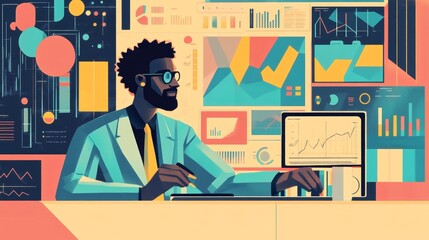 Data Analyst at Work Flat Design, Chart Visualization, Business Intelligence Data Visualization, Business Analytics