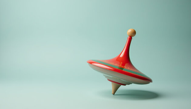 Red spinning top on mint background for toy catalogs and playful design elements