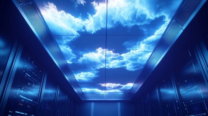 Cloud Server Room Ceiling Design Blue Sky, Cloud Imagery, Digital Composition, High-Tech Data Center, Cloud Computing Cloud Infrastructure, Server Room Design
