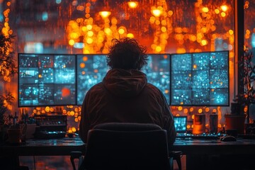 Fototapeta premium Focused individual working at multiple screens, surrounded by vibrant city lights and rain, conveying a sense of technology and modern lifestyle.