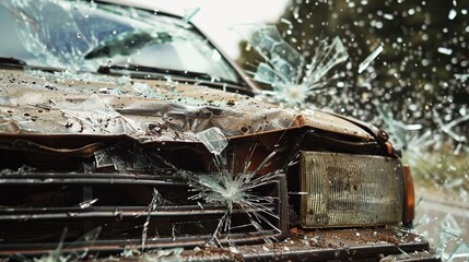 Dramatic car crash scene on a road or highway with a badly damaged vehicle shattered windshield and debris scattered across the pavement