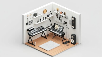 Compact home music studio with a keyboard stand, microphone setup, and shelves for equipment, all in a minimalist layout