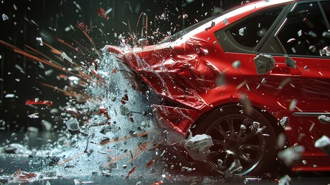 Dramatic car crash scene with a severely damaged vehicle shattered glass and scattered debris strewn across the asphalt road  The high impact collision has caused significant destruction and chaos