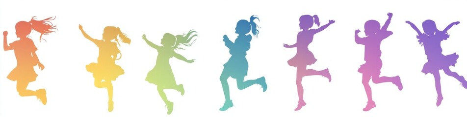 A group of children's silhouettes in various poses, jumping and playing with joy on the background Generative AI