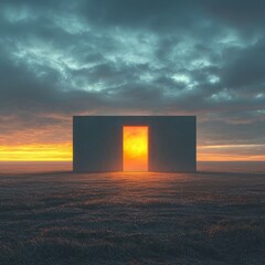 Surreal doorway glowing at sunset, symbolizing new beginnings and opportunities, set against a dramatic sky and tranquil landscape.