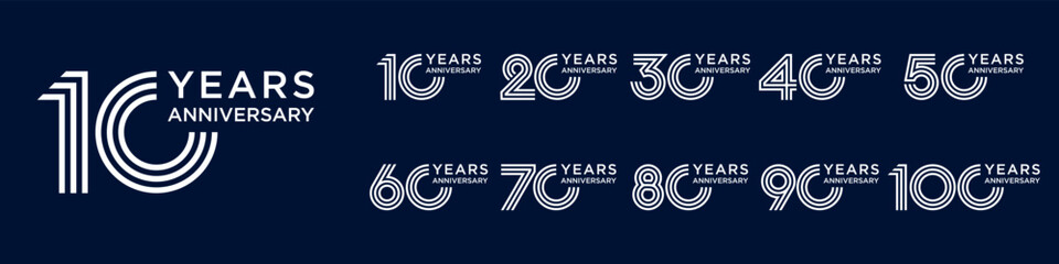 collection anniversary 10 to 100 year logo designs. abstract number for celebration event, wedding, greeting card, and invitation, vector illustration