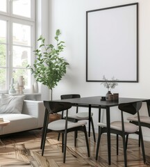 Fototapeta premium Minimalist dining room with black framed artwork. a wooden table. and chairs with white cushions