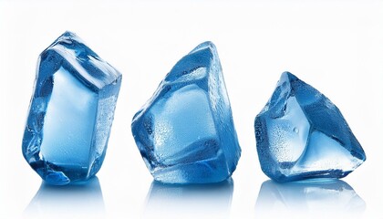three isolated blue ice chunks on a white background