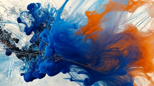 An abstract expressionist composition with blue, orange and white colors and dynamic line work.