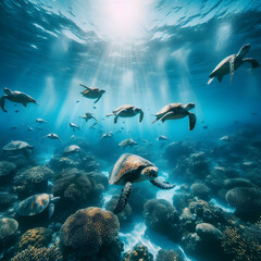 Fototapeta premium Many sea turtles swim gracefully over a coral reef in clear blue depths, sunbeams illuminate the tranquil underwater scene