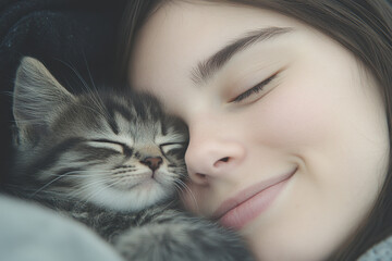 A woman is holding a cat in her arms and smiling