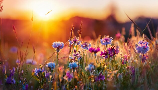 wild flowers in a meadow at sunset macro image shallow depth of field abstract summer nature background