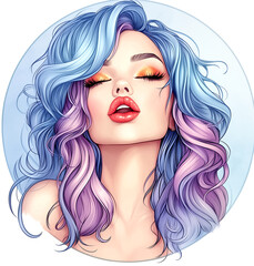 Woman with purple and blue hair is depicted with a red lip in a drawing. The image is a stylized representation of a woman with vibrant hair and a bold lip color
