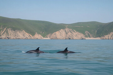 Fototapeta premium Two dolphins swimming in the ocean