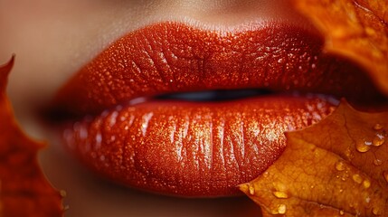 Glittering Orange Lipstick And Autumn Leaves