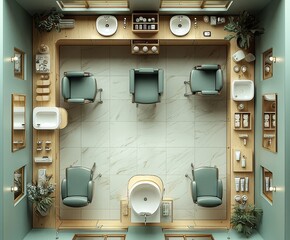 Stylish modern salon interior featuring elegant chairs, a wash station, and organized beauty products, perfect for promoting relaxation and self-care.