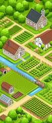Illustration depicting a rural area. Fields, houses, grass, trees.