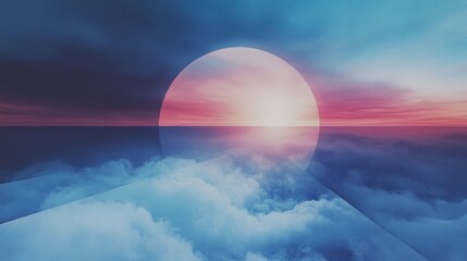Dreamlike sunset reflected in a tranquil sea of clouds. Pink and blue hues create a serene atmosphere.