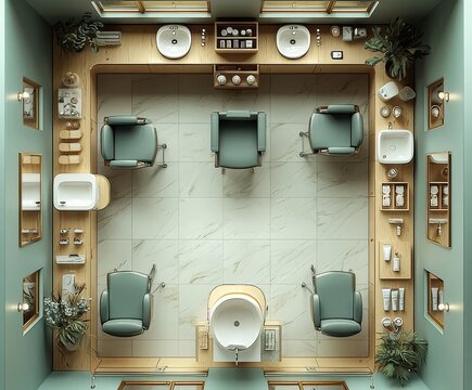 Stylish modern salon interior featuring elegant chairs, a wash station, and organized beauty products, perfect for promoting relaxation and self-care.