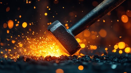 Hammer Striking Metal with Sparks and Glow in Forging Process